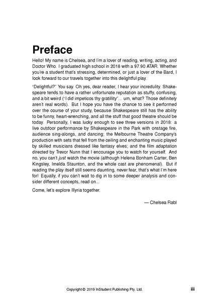 Full page of a Text Guide with black text on white, titled 'Preface', signed by Chelsea Rabl, with copyright details.