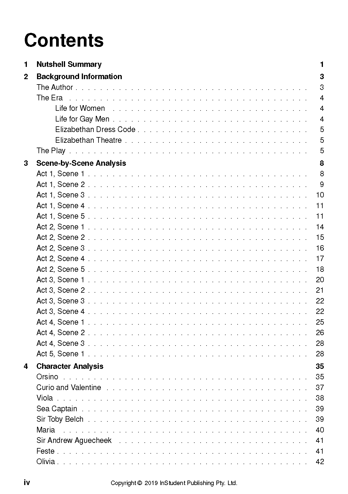 Text guide for Twelfth Night by William Shakespeare by InStudent Publishing Pty. Ltd., displaying its table of contents.