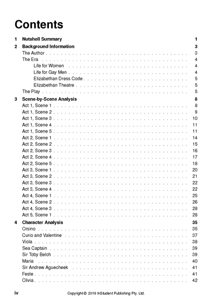 Text guide for Twelfth Night by William Shakespeare by InStudent Publishing Pty. Ltd., displaying its table of contents.