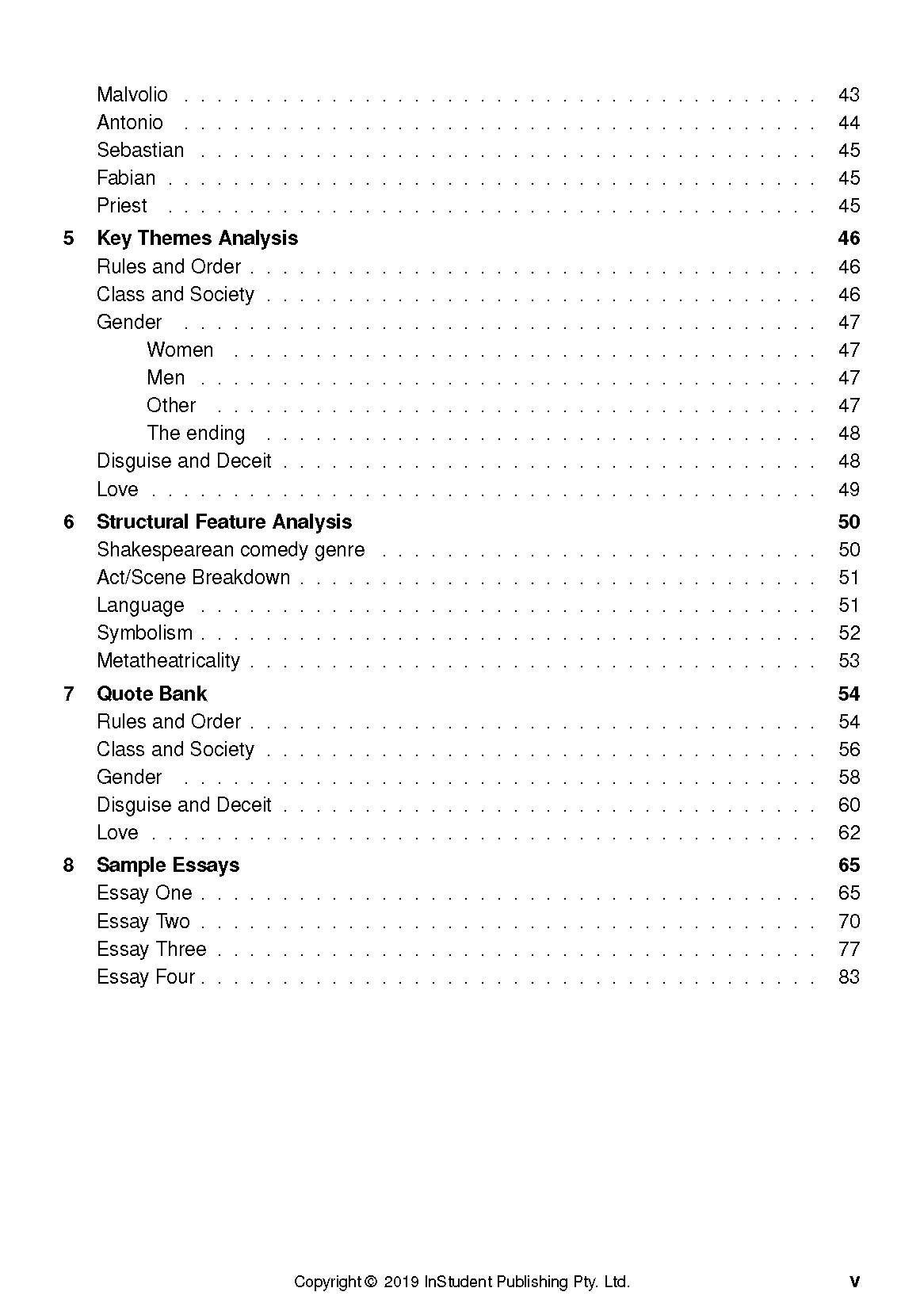Text guide for William Shakespeare's Twelfth Night by InStudent Publishing Pty. Ltd., displaying a table of contents with chapters on themes, analysis, and essays.