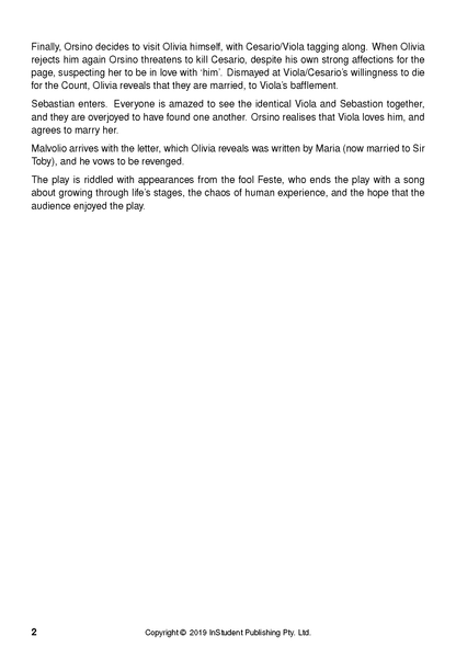 Text Guide page with black text on a white background summarizing Twelfth Night by William Shakespeare.