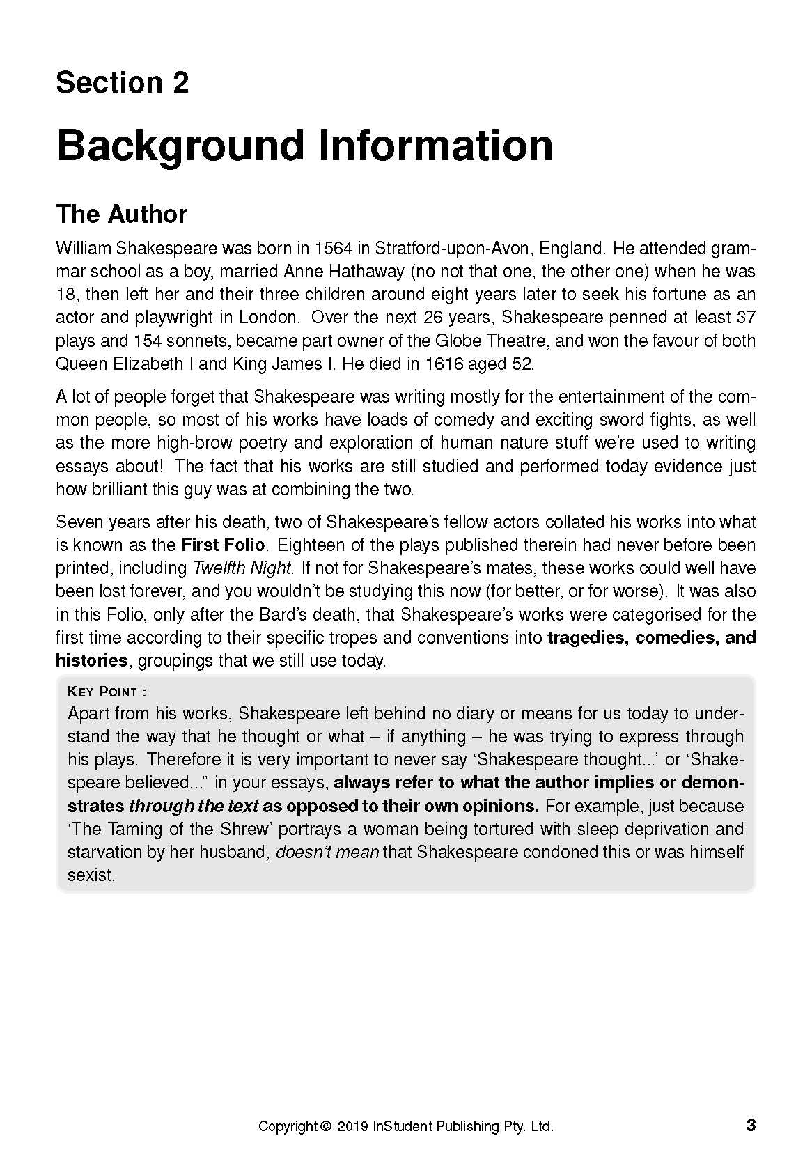 Page from a Text Guide for Twelfth Night by William Shakespeare, displaying background information about the author.