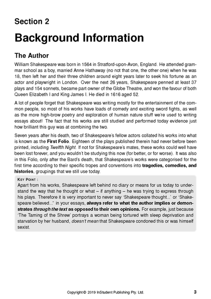 Page from a Text Guide for Twelfth Night by William Shakespeare, displaying background information about the author.