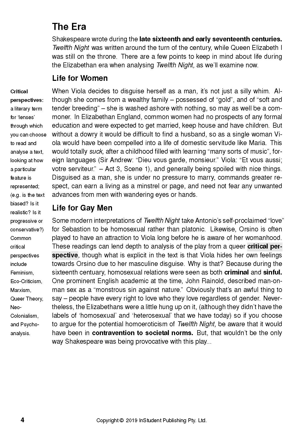 Text guide page showing black text on white with headings 'The Era', 'Life for Women', 'Life for Gay Men', and highlighted terms.