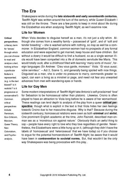 Text guide page showing black text on white with headings 'The Era', 'Life for Women', 'Life for Gay Men', and highlighted terms.