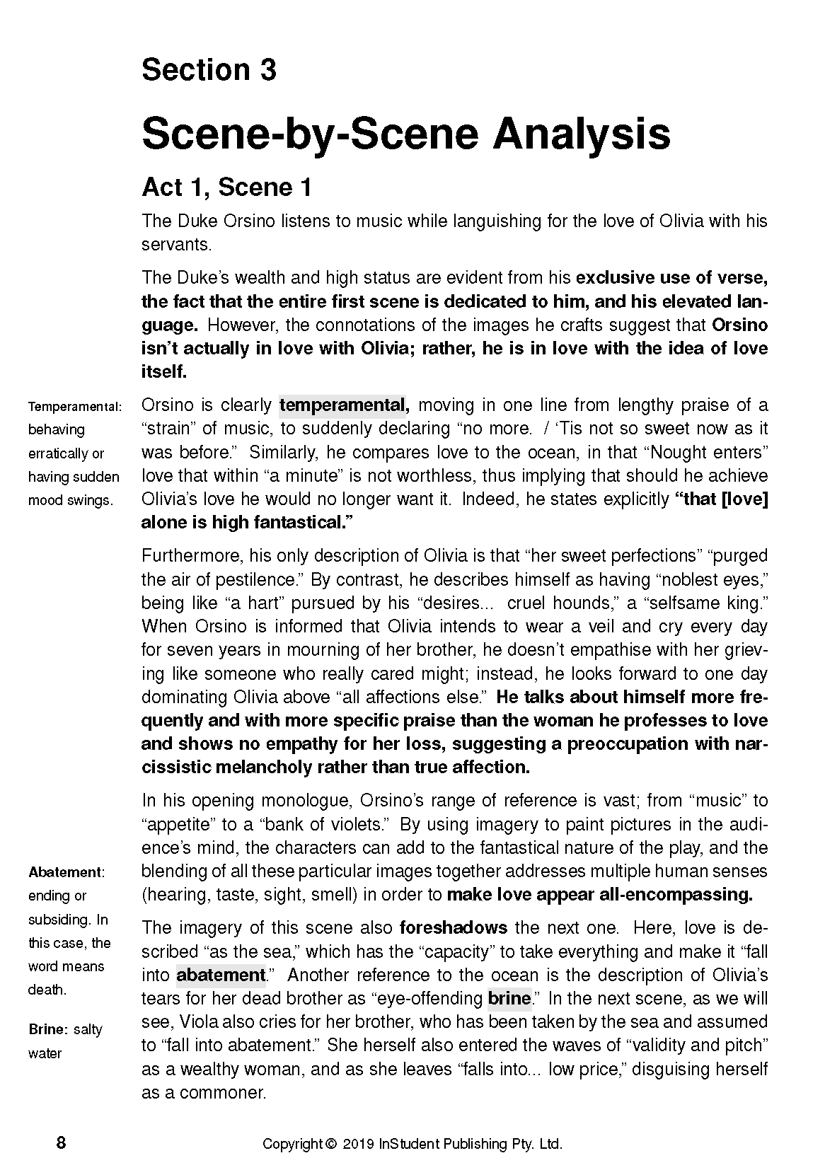 Text Guide page for Twelfth Night by William Shakespeare, featuring a 'Scene-by-Scene Analysis' with marginal definitions.
