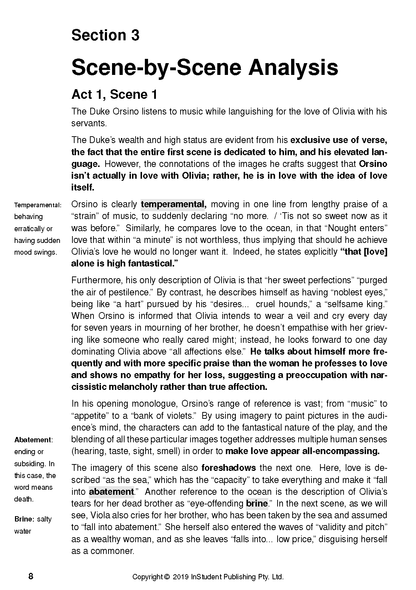 Text Guide page for Twelfth Night by William Shakespeare, featuring a 'Scene-by-Scene Analysis' with marginal definitions.
