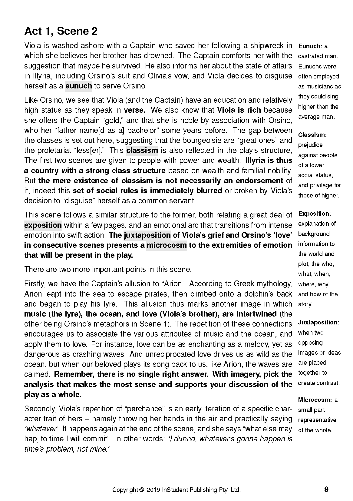 Text Guide page, cropped, with black text discussing Act 1, Scene 2 of Twelfth Night, including definitions and analysis.