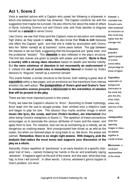 Text Guide page, cropped, with black text discussing Act 1, Scene 2 of Twelfth Night, including definitions and analysis.