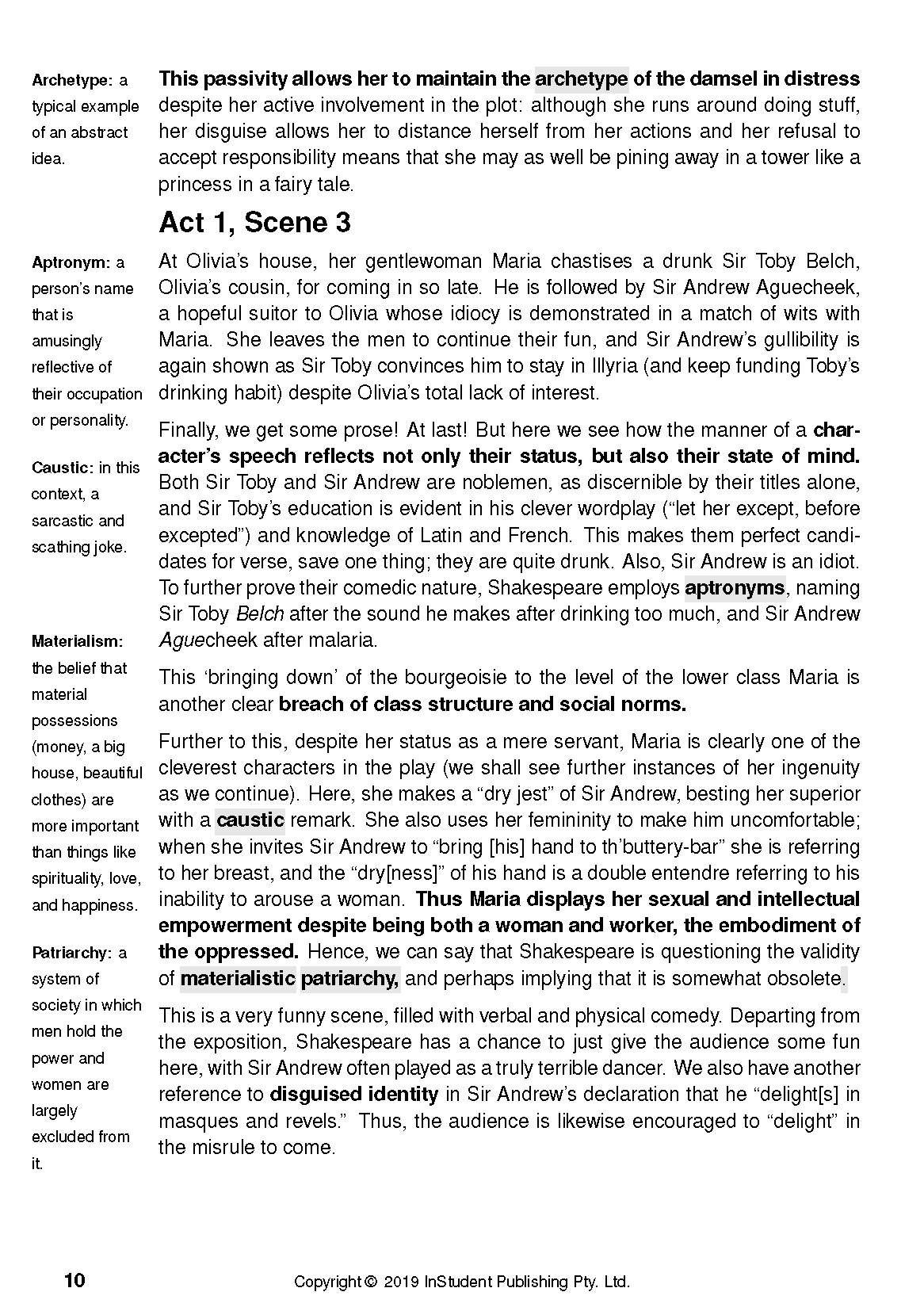 Text guide page detailing Act 1, Scene 3 of Twelfth Night by William Shakespeare, with definitions and bolded terms.