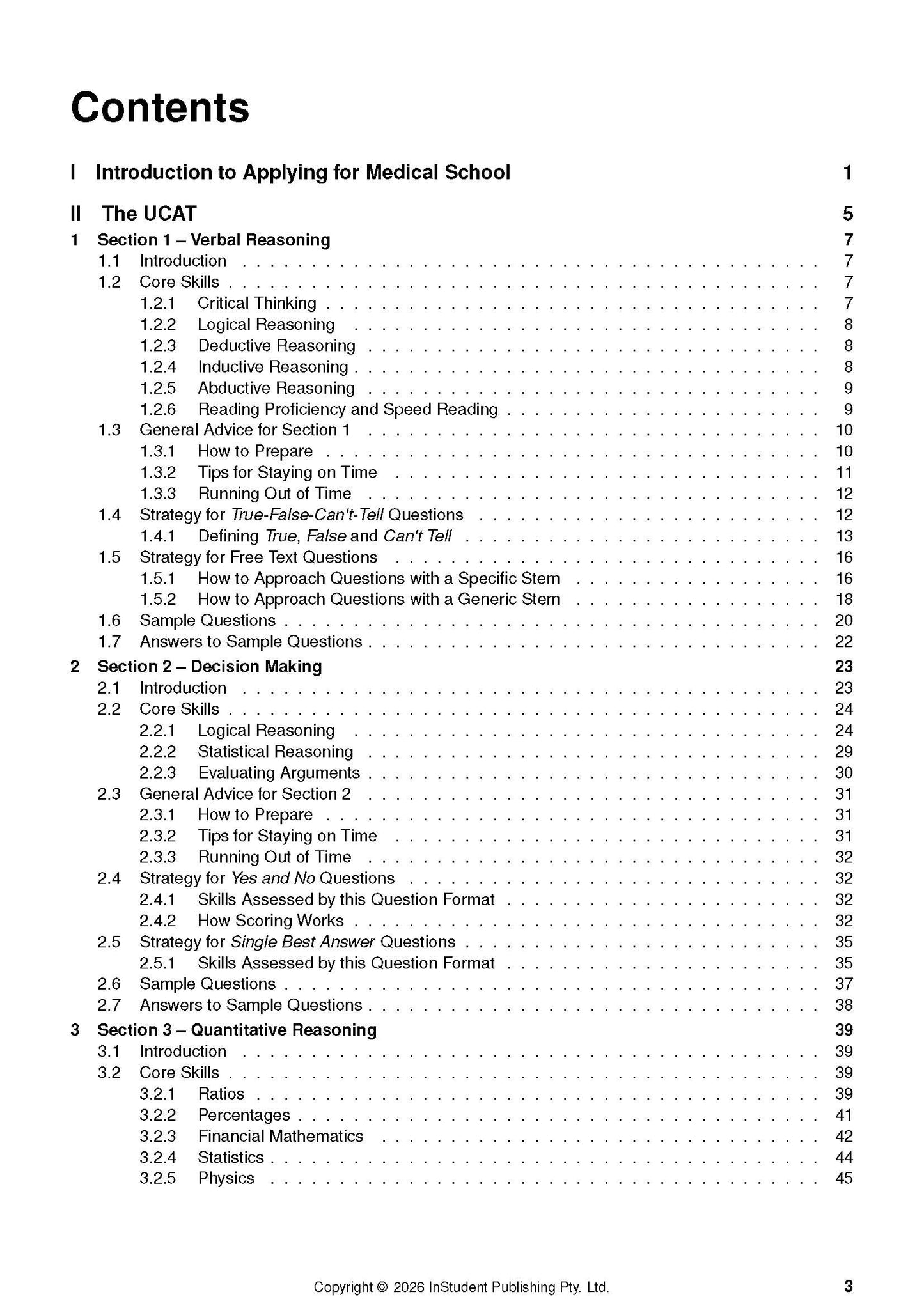 UCAT Guide table of contents page, listing sections on Verbal, Decision Making, and Quantitative Reasoning.