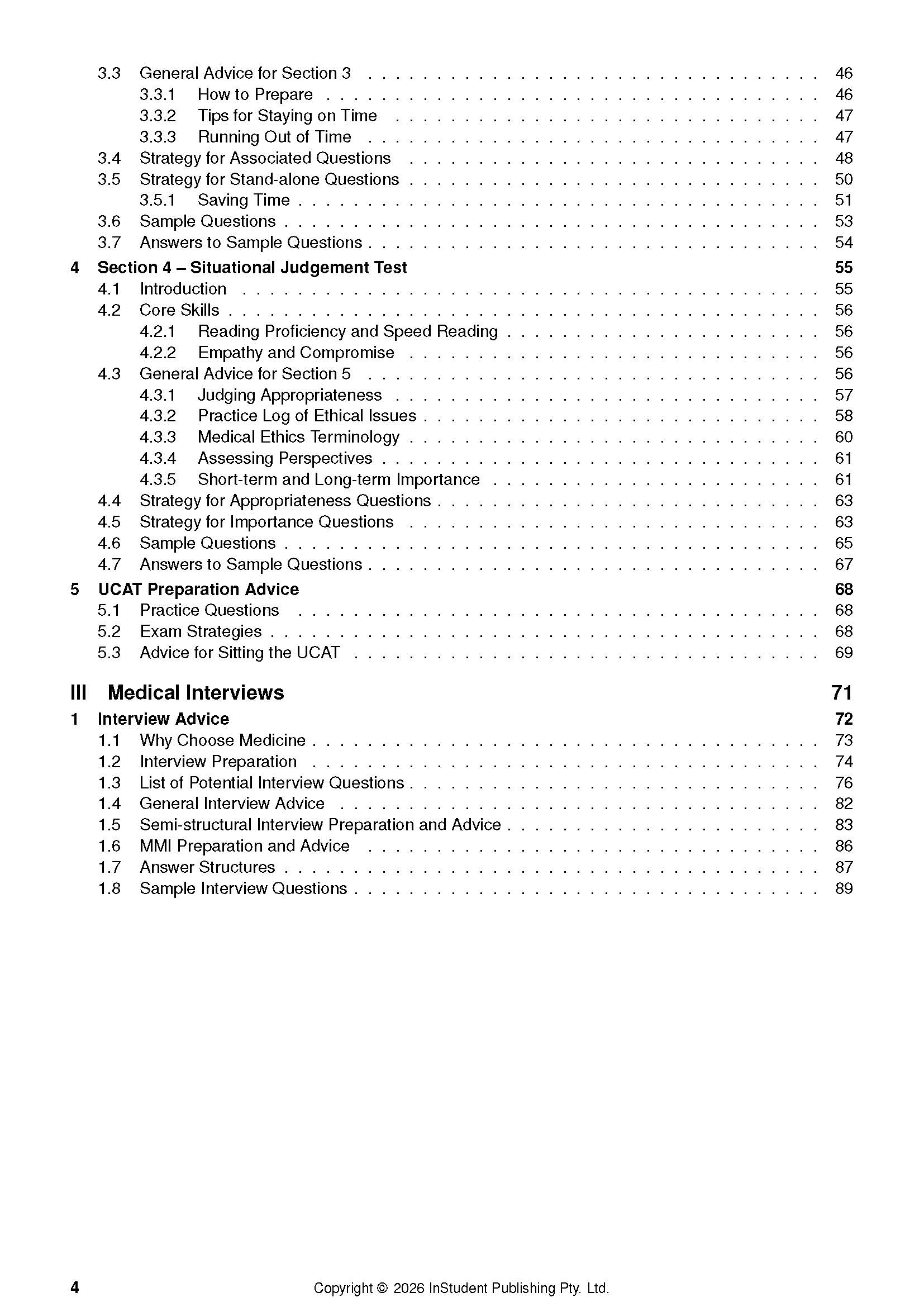 UCAT Guide & Getting Into Medicine (2026-2029) book by InStudent Publishing Pty. Ltd., showing its detailed table of contents.