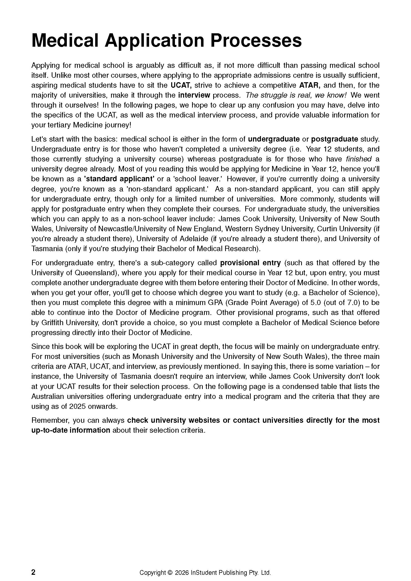 Course notes page from UCAT Guide & Getting Into Medicine showing 'Medical Application Processes' title and detailed paragraphs.