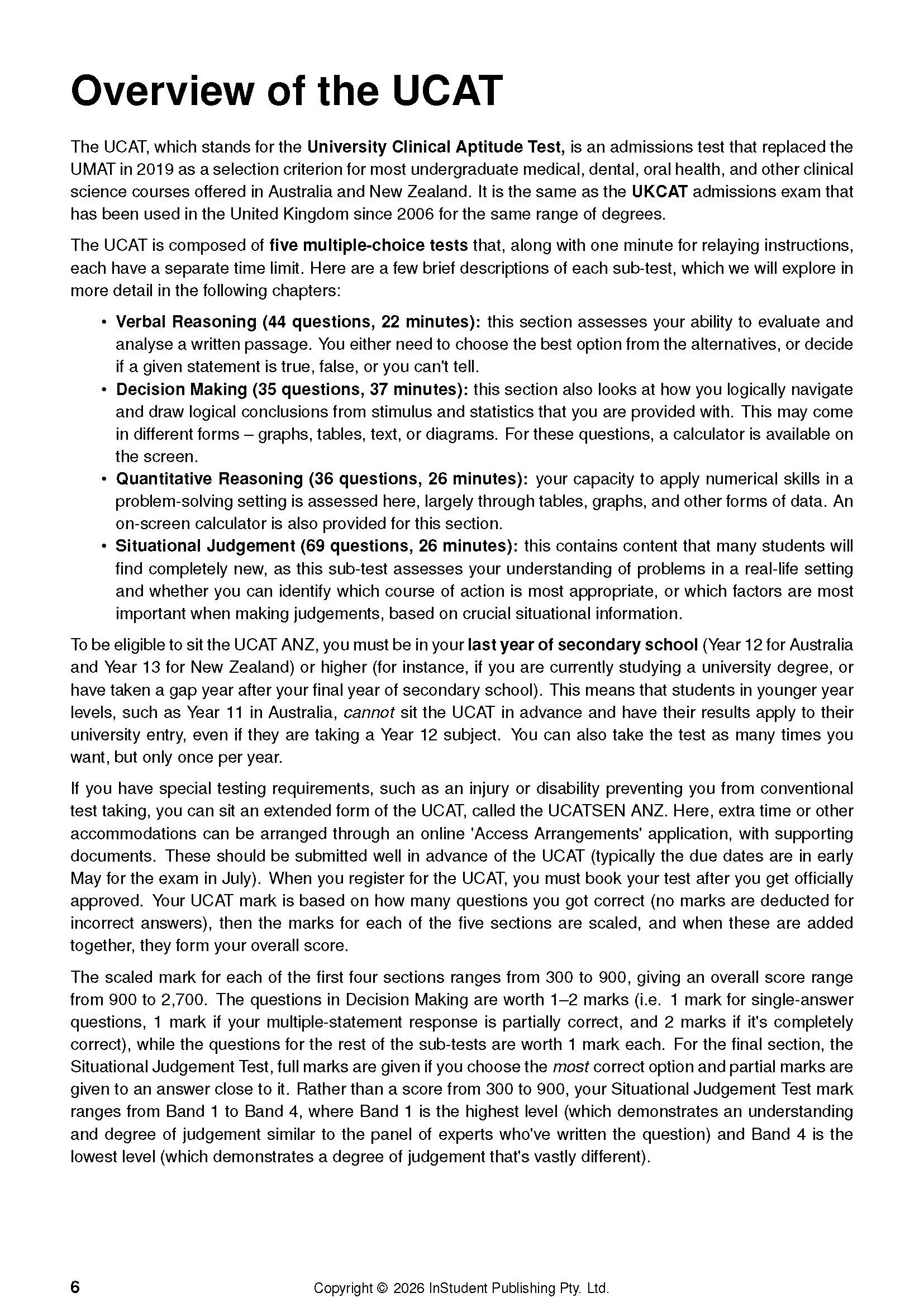 UCAT Guide by InStudent Publishing Pty. Ltd. showing a white page with dense black text about UCAT exam details.
