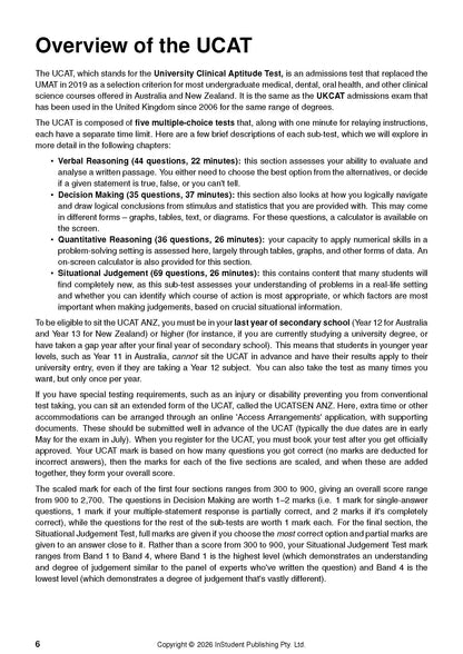 UCAT Guide by InStudent Publishing Pty. Ltd. showing a white page with dense black text about UCAT exam details.