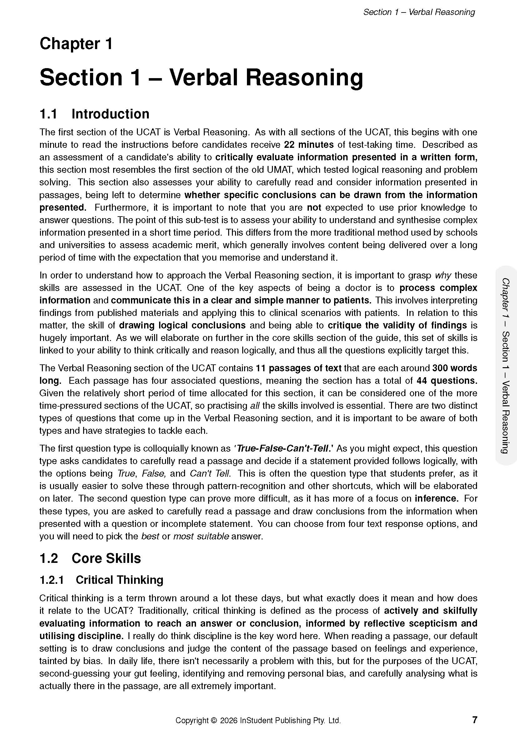 UCAT Guide course notes page with sections titled 'Chapter 1 – Verbal Reasoning' and '1.2.1 Critical Thinking'.