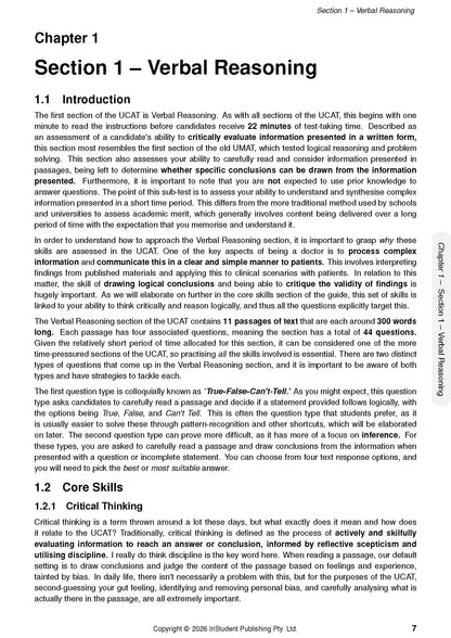 UCAT Guide course notes page with sections titled 'Chapter 1 – Verbal Reasoning' and '1.2.1 Critical Thinking'.