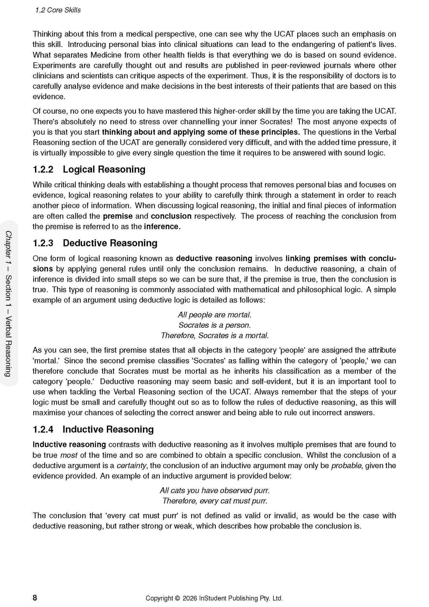 Page from a UCAT guide displaying sections on logical, deductive, and inductive reasoning.
