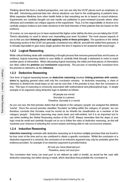 Page from a UCAT guide displaying sections on logical, deductive, and inductive reasoning.