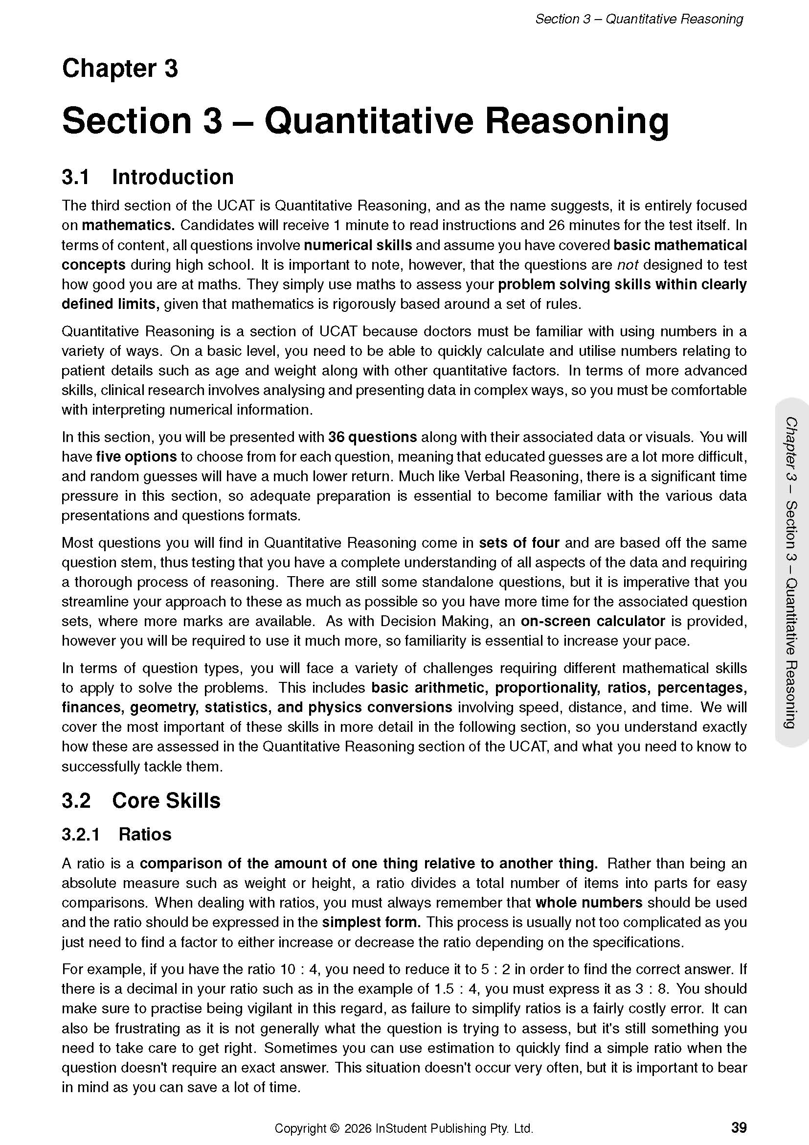 UCAT guide page with black text on white, showing 'Quantitative Reasoning' section and 'Ratios' subsection with grey sidebar.