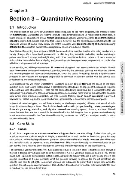 UCAT guide page with black text on white, showing 'Quantitative Reasoning' section and 'Ratios' subsection with grey sidebar.