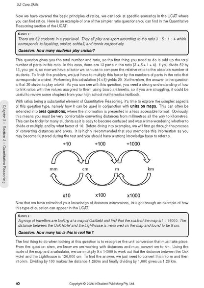 Course notes page explaining UCAT quantitative reasoning with ratio examples and a distance conversion diagram.