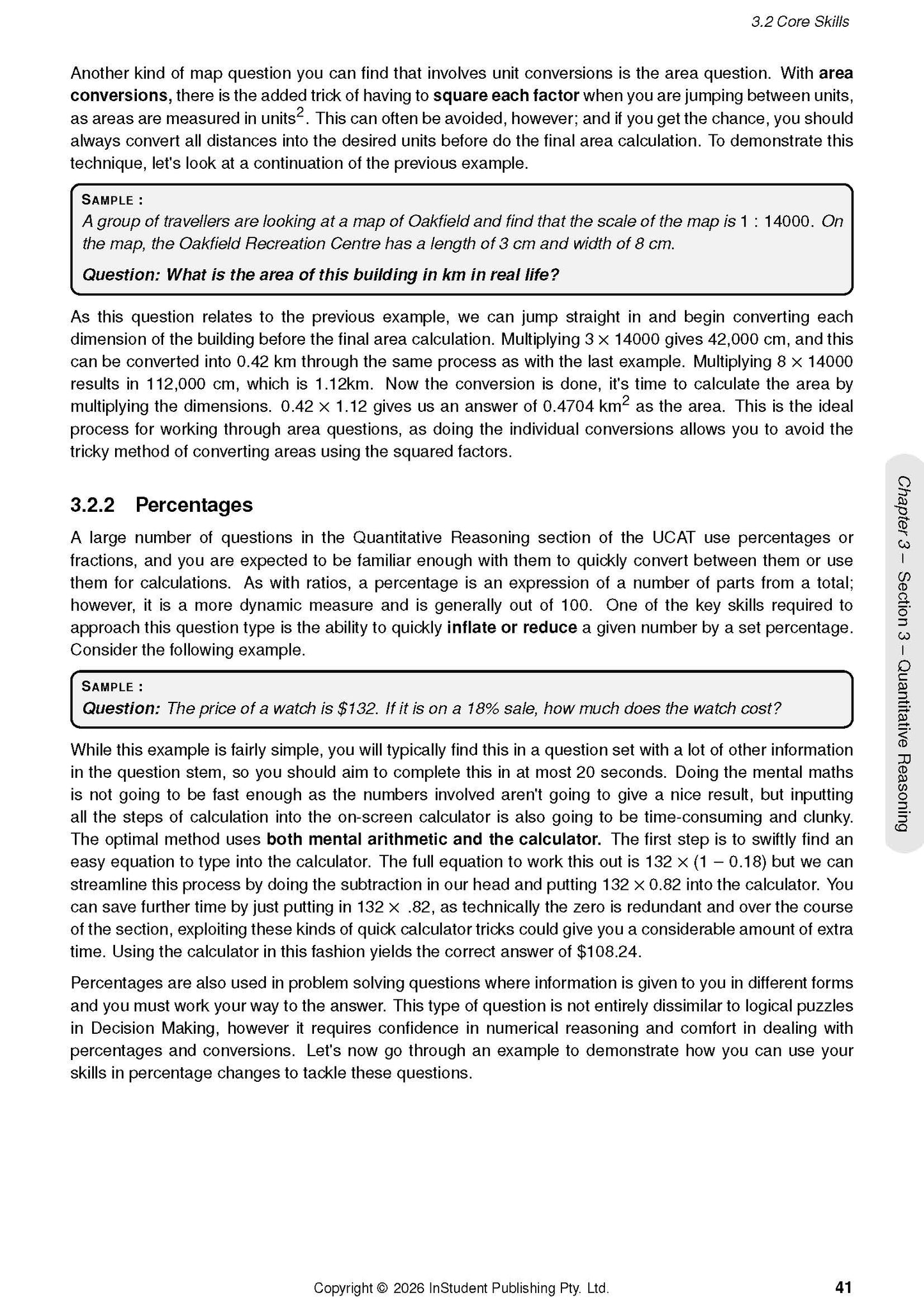 UCAT Guide Course Notes page detailing Core Skills and Percentages sections with a sample problem, page 41.
