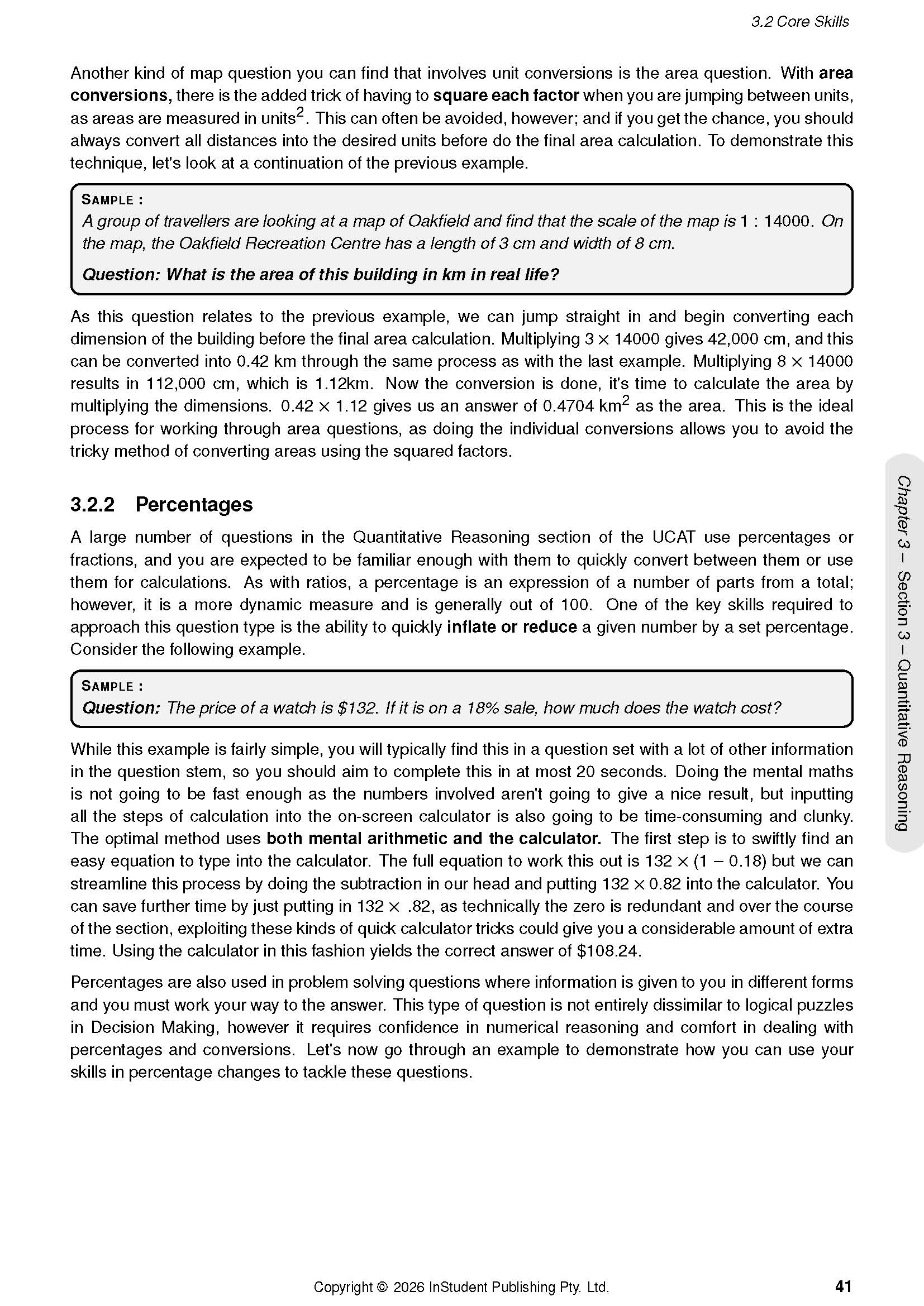 UCAT Guide Course Notes page detailing Core Skills and Percentages sections with a sample problem, page 41.