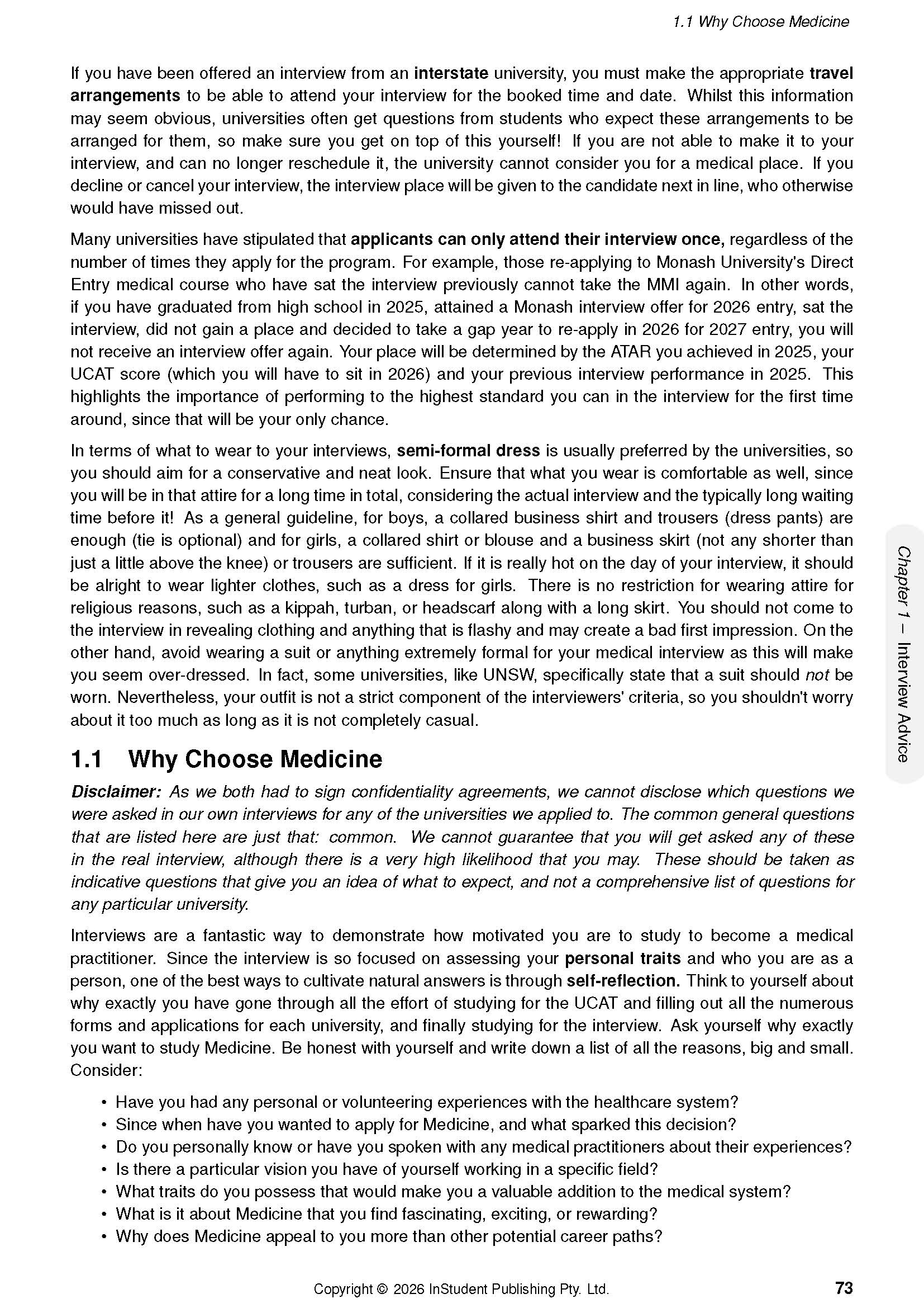 A page from a UCAT Guide discussing medical school interviews, dress code, and 'Why Choose Medicine', numbered 73.