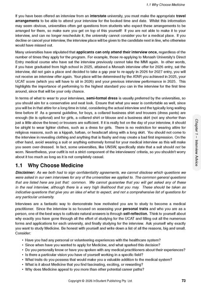 A page from a UCAT Guide discussing medical school interviews, dress code, and 'Why Choose Medicine', numbered 73.
