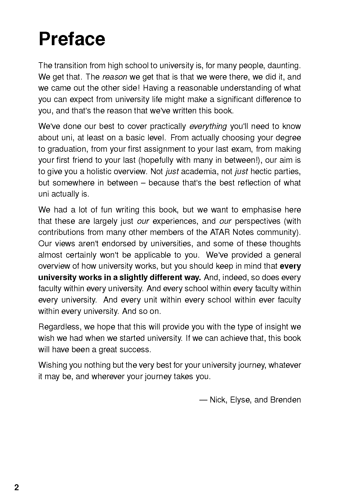 Printed page from a University Survival Guide featuring the 'Preface' section with black text on a white background, and page number 2.