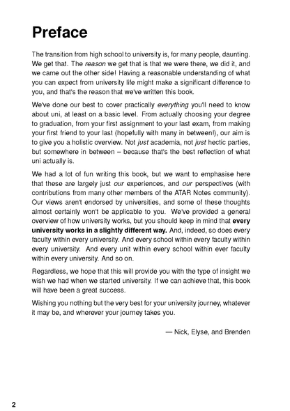 Printed page from a University Survival Guide featuring the 'Preface' section with black text on a white background, and page number 2.