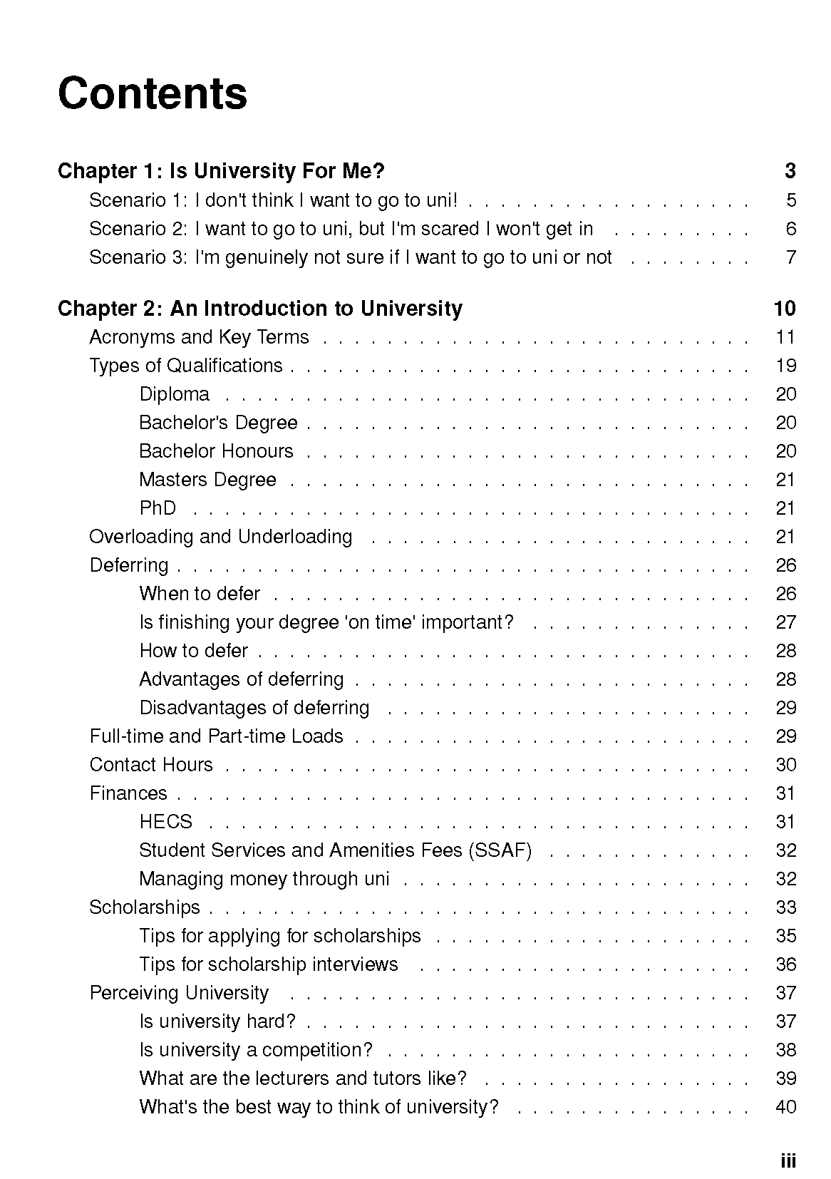 University Survival Guide displaying its contents page with black text and page numbers on a white background.