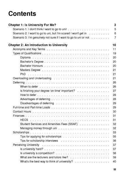 University Survival Guide displaying its contents page with black text and page numbers on a white background.