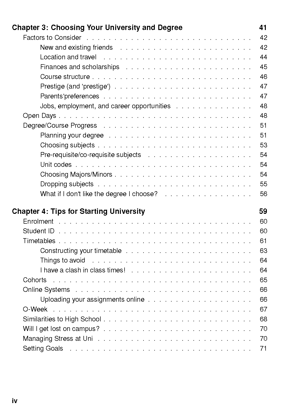 University Survival Guide showing a black and white table of contents page with chapters and page numbers.