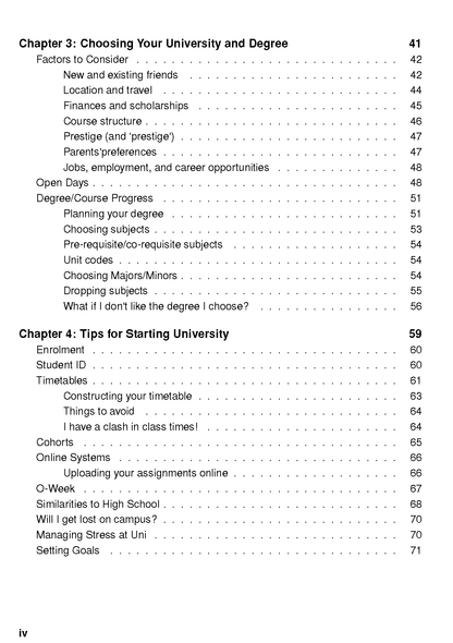 University Survival Guide showing a black and white table of contents page with chapters and page numbers.