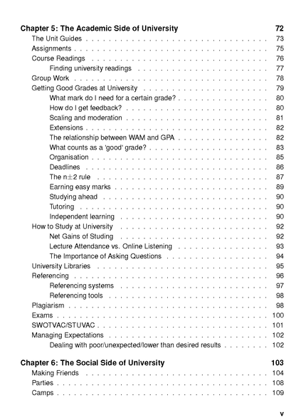 Study Planner page displaying a table of contents for a University Survival Guide, listing chapters on academic and social topics and their page numbers.