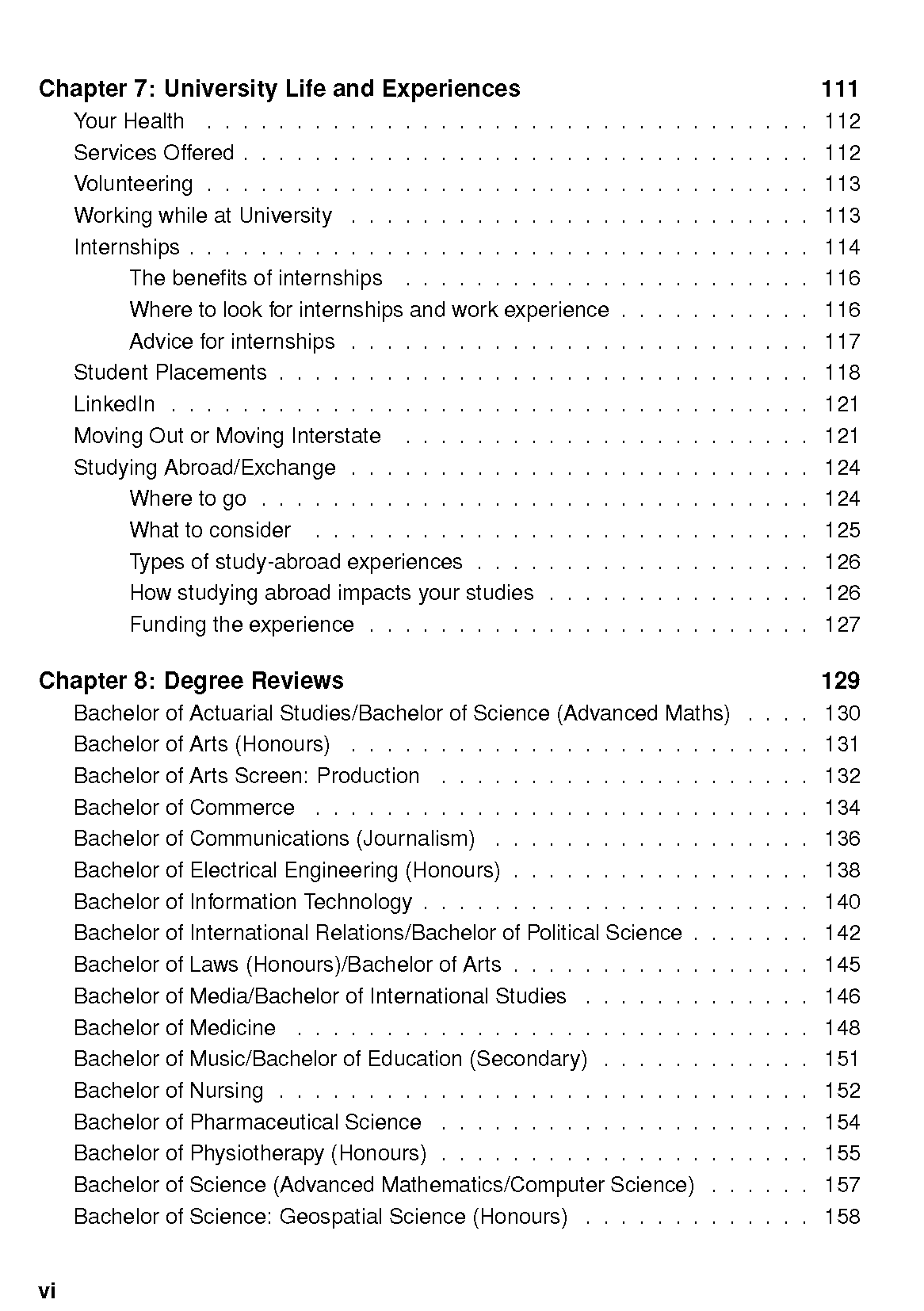 Study planner page displaying a table of contents for university life and degree review chapters with page numbers.