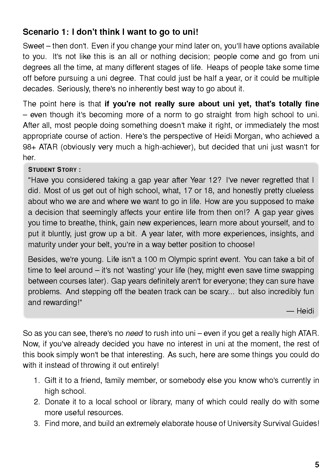 Printed page from a University Survival Guide with black text and a gray student story box.