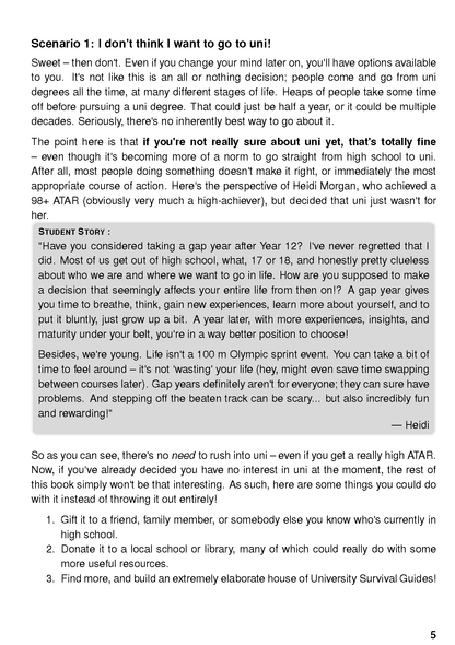 Printed page from a University Survival Guide with black text and a gray student story box.