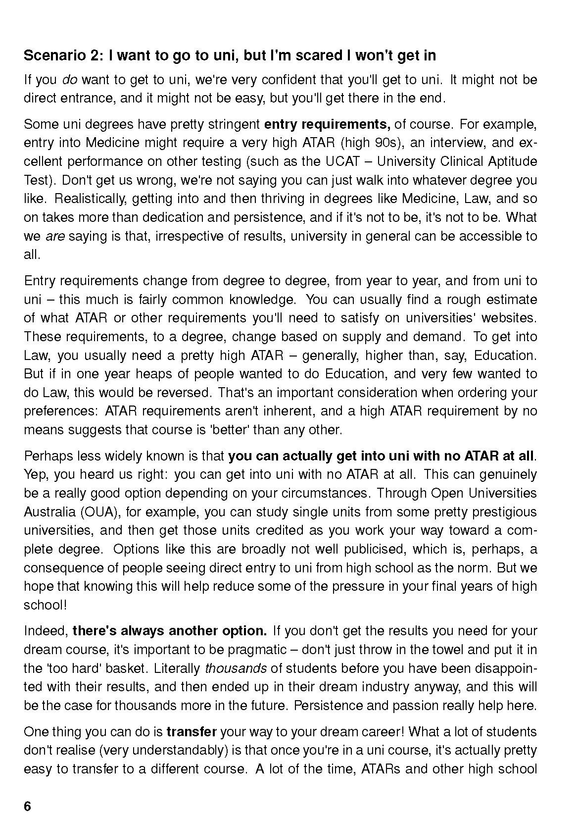 University Survival Guide page with detailed text on university entry requirements and options, showing page number 6.