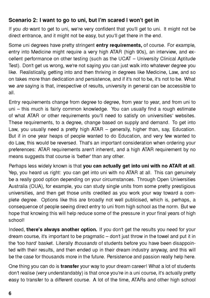 University Survival Guide page with detailed text on university entry requirements and options, showing page number 6.