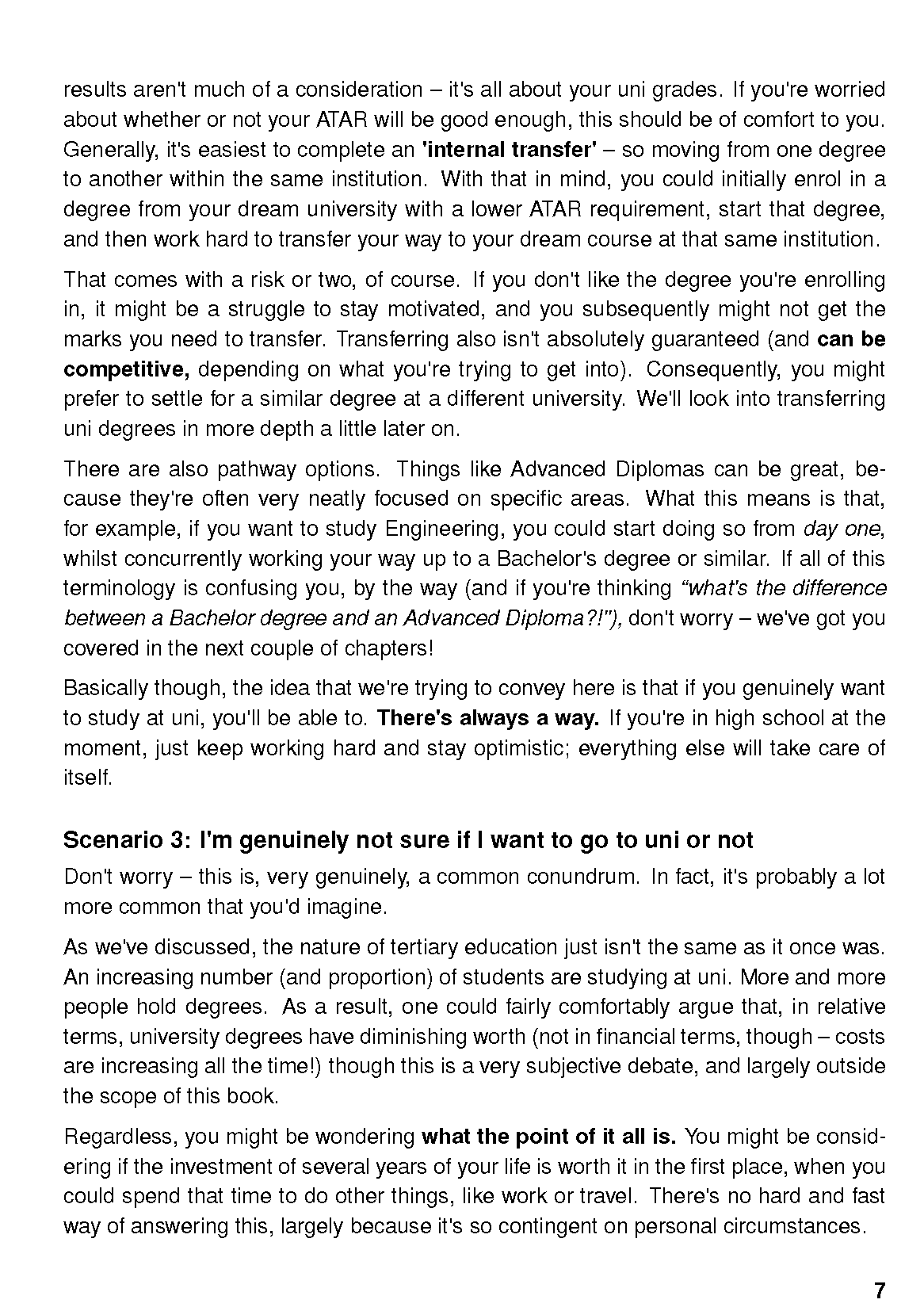 A page from a University Survival Guide displaying text on university pathways and career advice, with page number 7.
