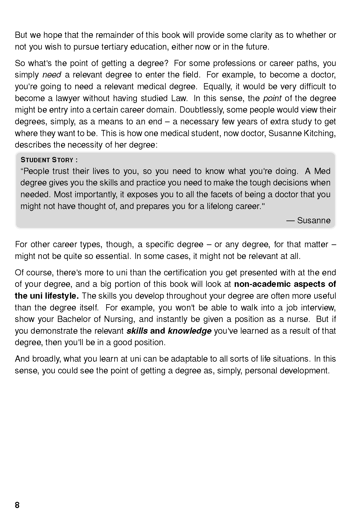 Page from a University Survival Guide displaying paragraphs of text, a grey "STUDENT STORY" box, and page number 8.