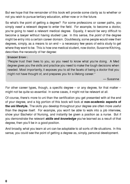Page from a University Survival Guide displaying paragraphs of text, a grey "STUDENT STORY" box, and page number 8.