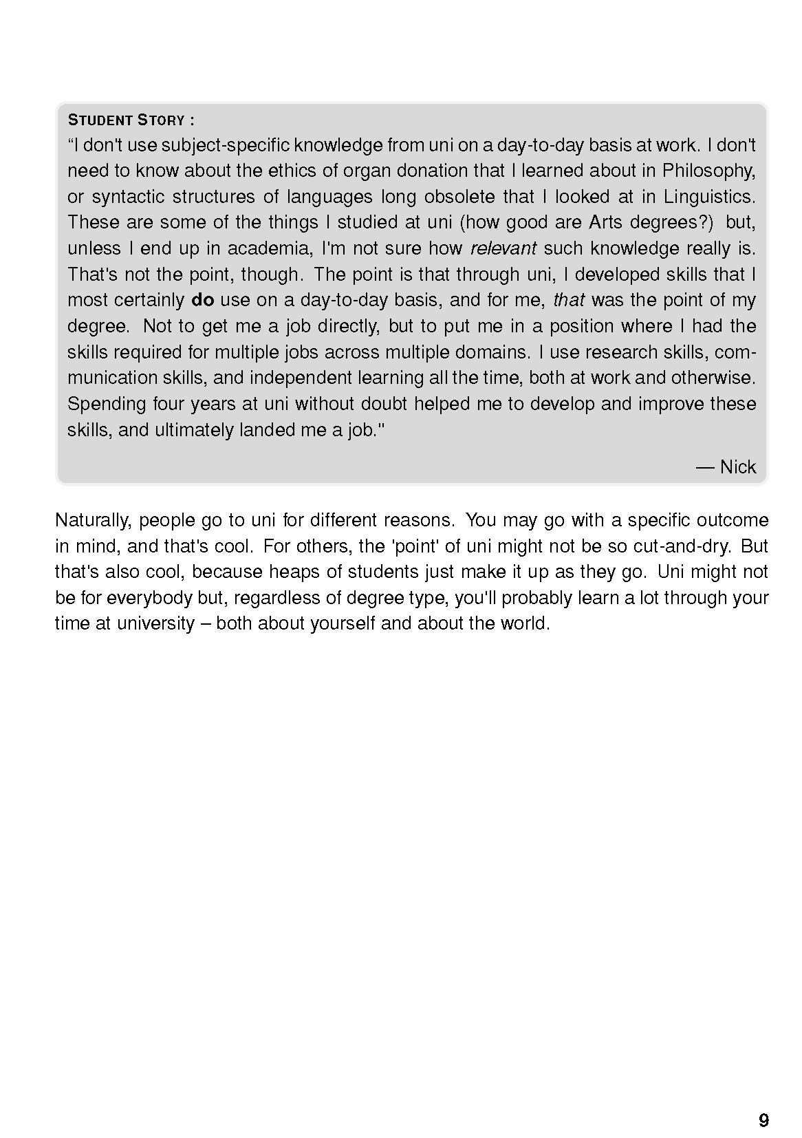 University Survival Guide page featuring a "Student Story" section, text from "Nick", and explanatory content, with page number 9.