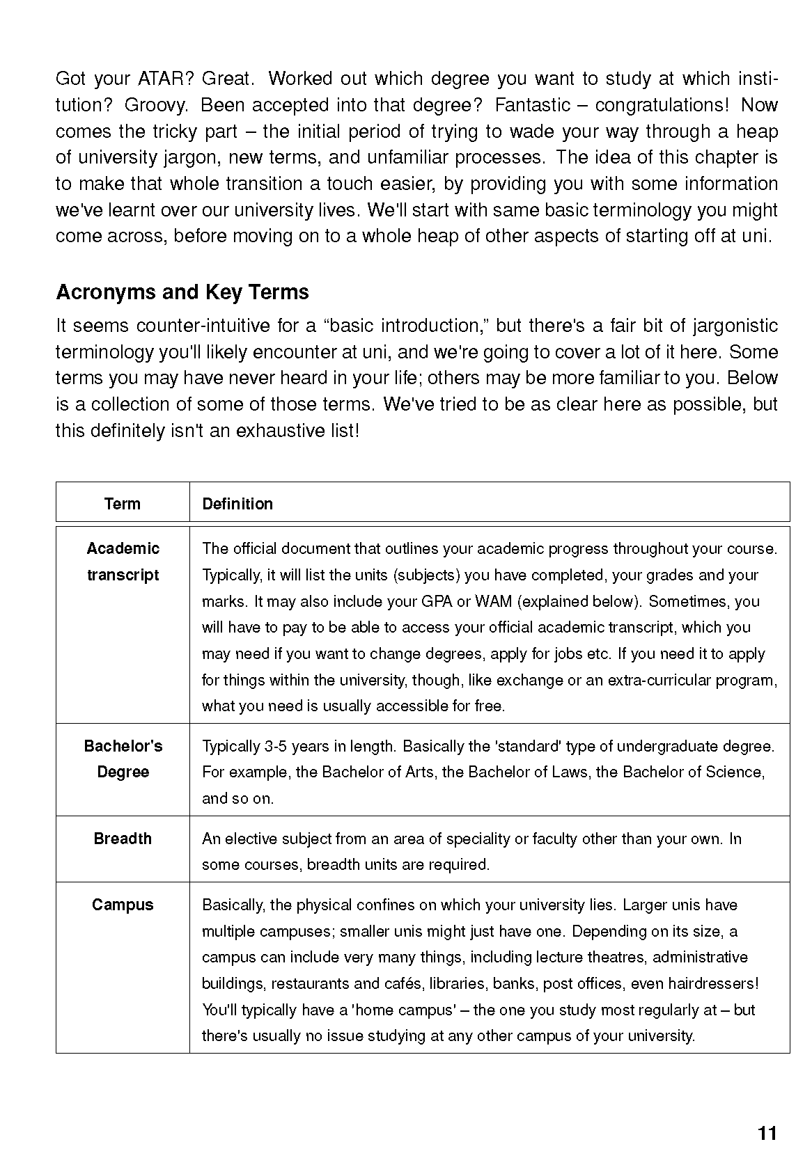 University Survival Guide page displaying introductory text about university life and a table of academic terms and definitions.