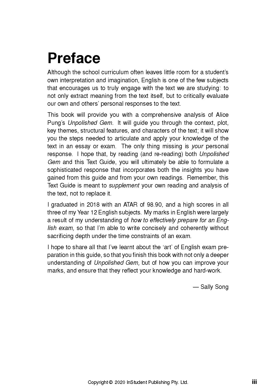 White text guide page by InStudent Publishing Pty. Ltd. with black text, featuring a 'Preface' about 'Unpolished Gem' by Sally Song.