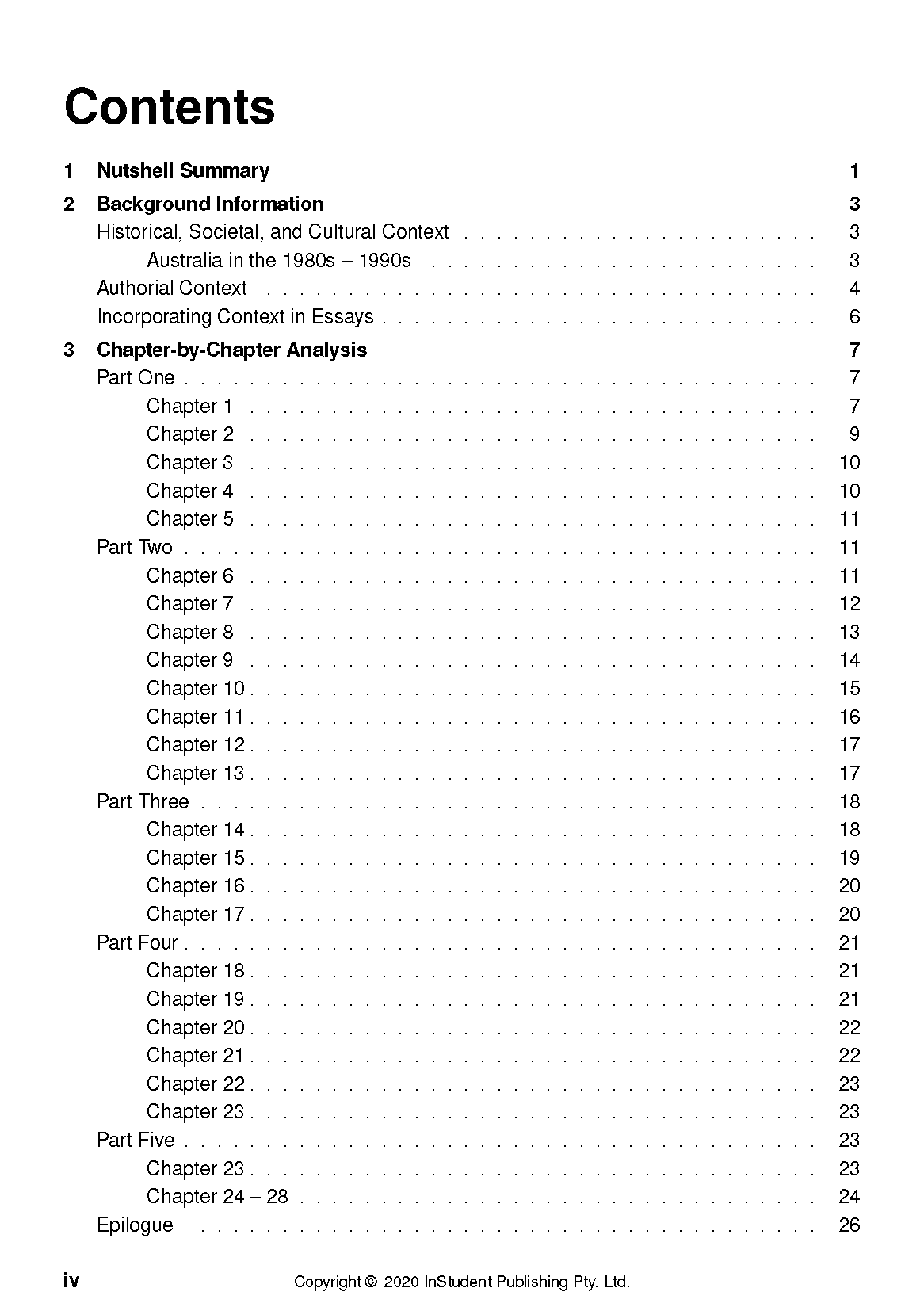 Text guide contents page by InStudent Publishing, listing chapters and page numbers on a white background.