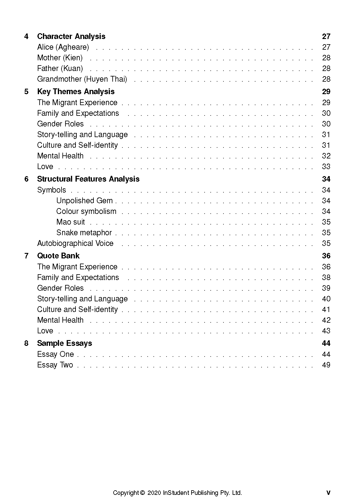 Text Guide for Unpolished Gem by InStudent Publishing, displaying a table of contents including Character Analysis, Key Themes, and Sample Essays.